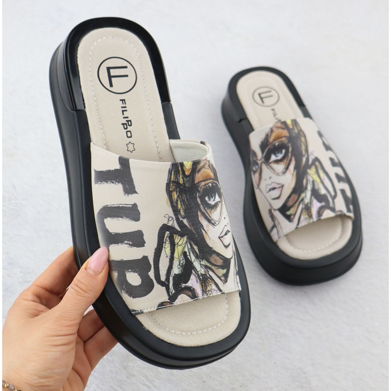 Women's Leather tofflor med tryckt Beige Filippo DK6158 1