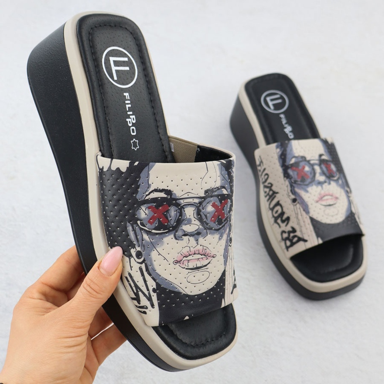 Women's Leather tofflor med tryckt Beige Filippo DK6158 1