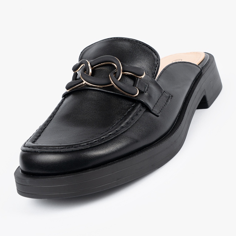 Shelvt Svart låg -Heel Eco -Leather Flip Flops med en kedja 2