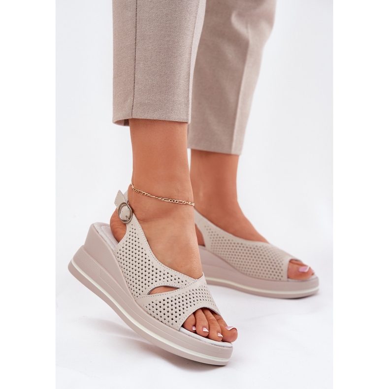 S.Barski Women's Leather Sandals S. Barski LR51-660 OpenWork Beige 2