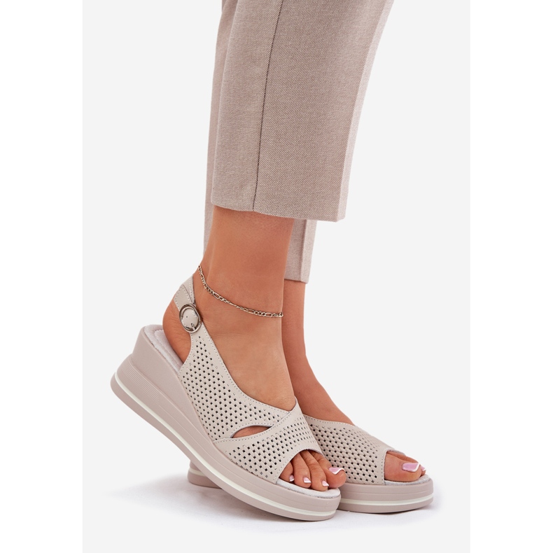 S.Barski Women's Leather Sandals S. Barski LR51-660 OpenWork Beige 1