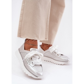 S.Barski Kvinnors lädersneakers på LR51-796 Silverplattform 2