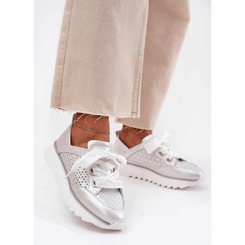S.Barski Kvinnors lädersneakers på LR51-796 Silverplattform 2