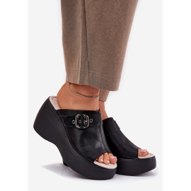 S.Barski Kvinnors läderflip flops på plattformen och kilen med Buckle S. Barski LR51-542 svart 1