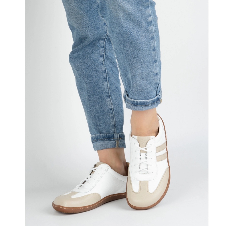 Olivier Barfota kvinnors minimalistiska läderskor 1287 Vit med beige sneakers 2
