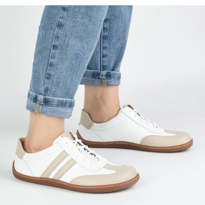 Olivier Barfota kvinnors minimalistiska läderskor 1287 Vit med beige sneakers 1