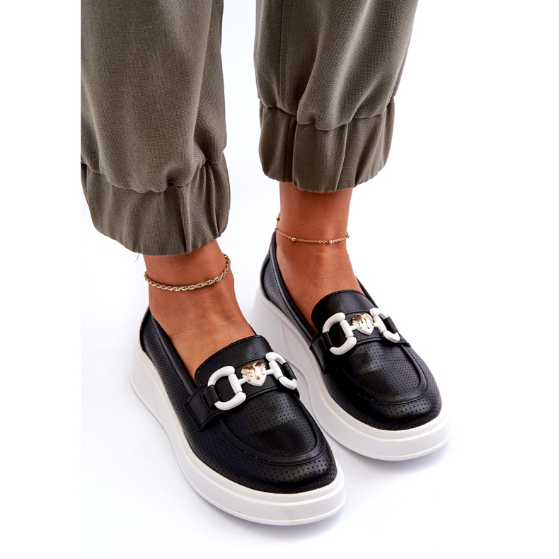 S.Barski Kvinnors läderloafers på Platforma Czarne S. Barski LR720 med en prydnad svart 3