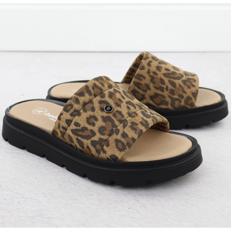 Kvinnors läder tofflor på plattformen med Beige Helios 156.731 2