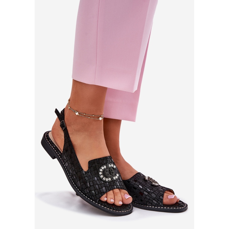 S.Barski Lädersandaler med plattklackad prydnad S. Barski KV51-096 svart 1