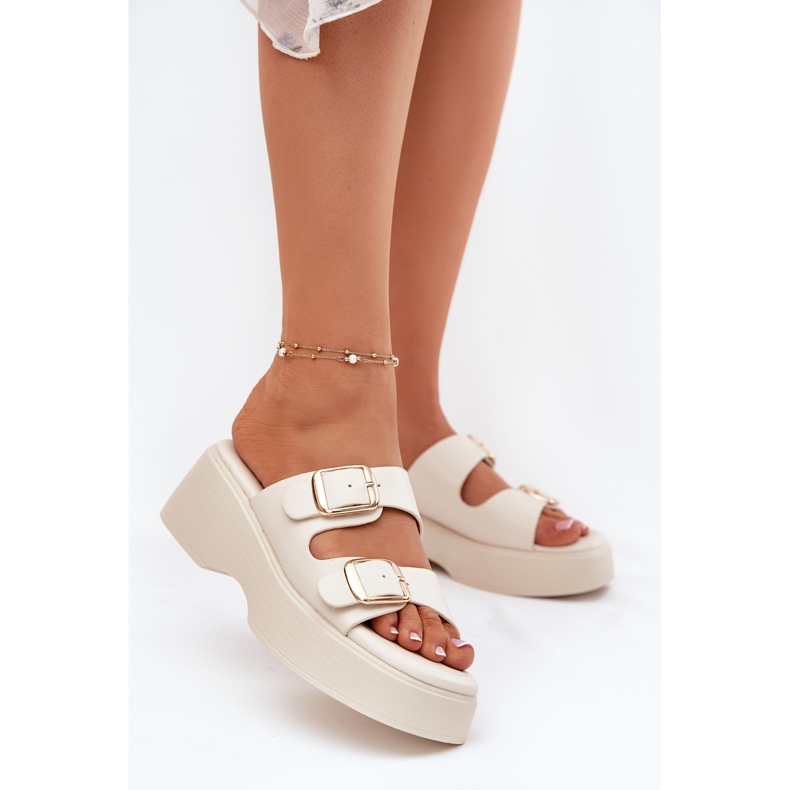 Inna Kvinnors flip flops på kil och plattform med klämmor ljus tigger beige 2