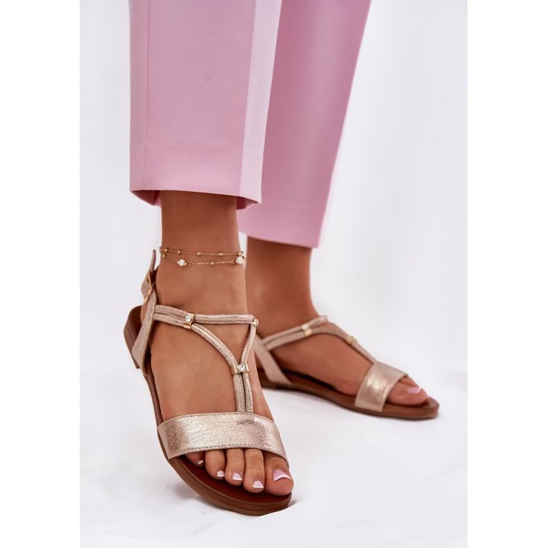 S.Barski Kvinnors platta sandaler med ränder S. Barski KV51-120 rosa guld gyllene 2