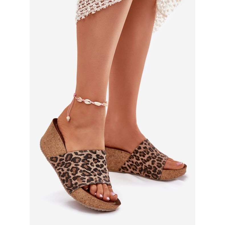 Zazoo 40289 Kvinnor läderflip flops på Cork Wedge Leopard beige 1