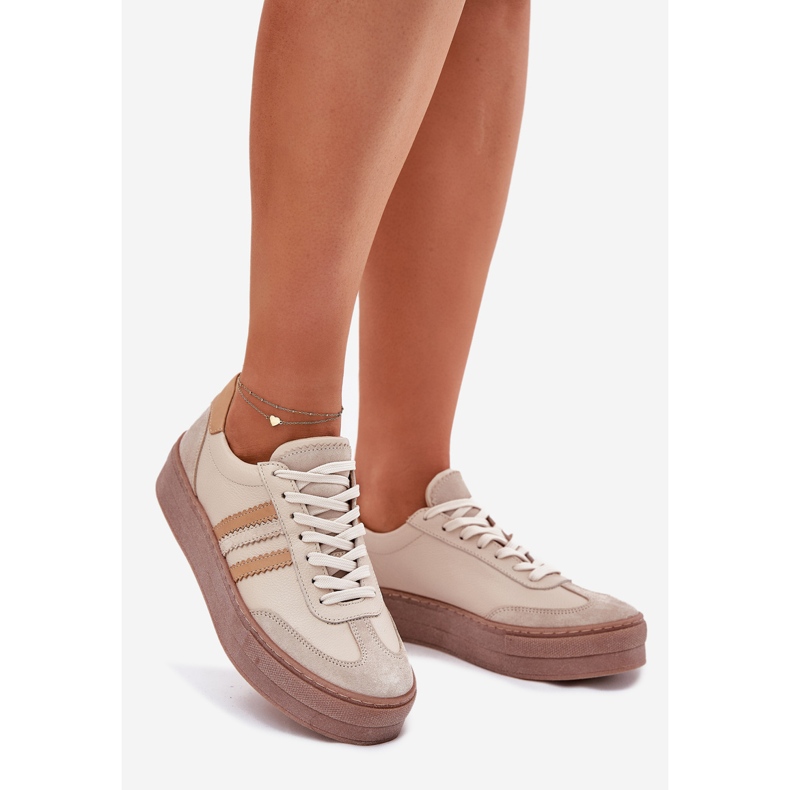 Kvinnors lädersneakers på Zazoo N1234 Beige -plattformen 1