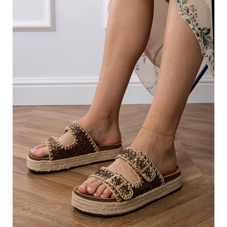 Brown Espadrilles glitter flip -flops med spännen brun 1