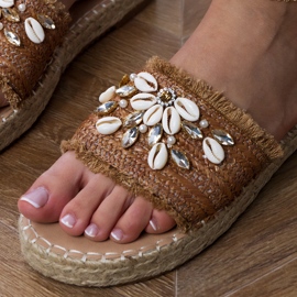 Brown Espadrille Flip Flops med skal brun 5