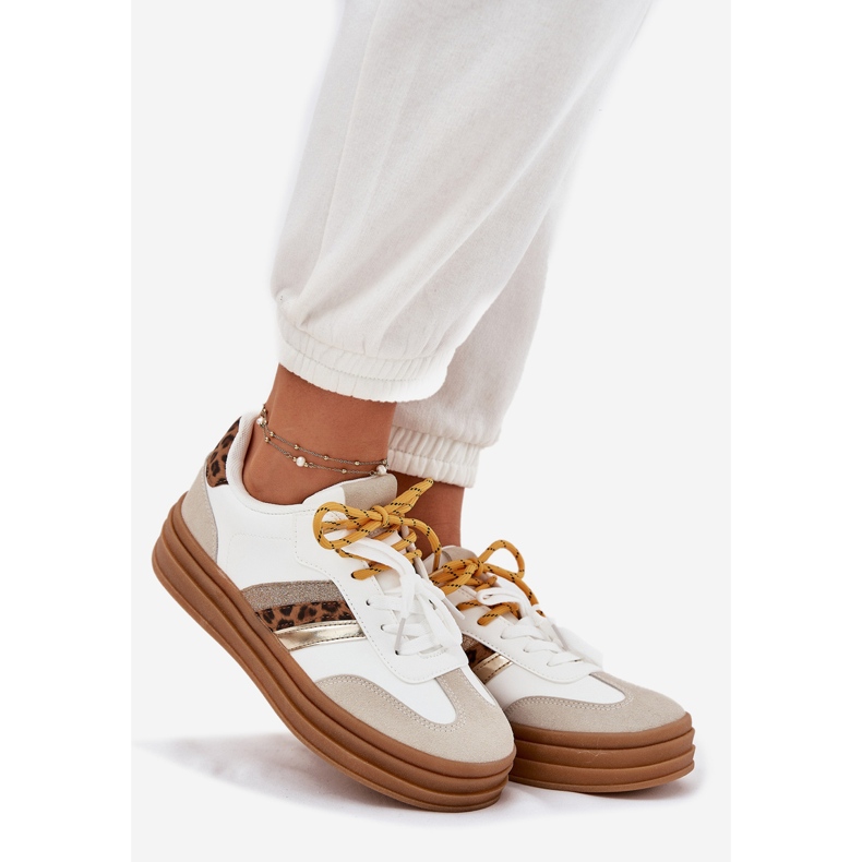 Kvinnors sneakers på plattformen med dubbel snörning vit leopardtryck 1