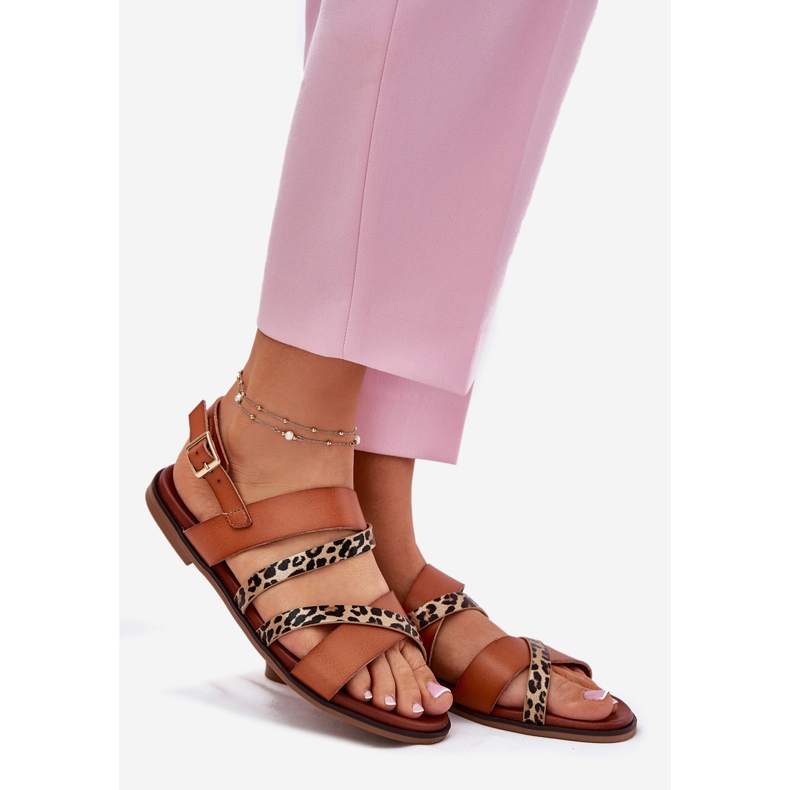 Flat -hanterade kvinnosandaler med leopard leoparder Sergio Leone SK086H Camel Stripes brun 1