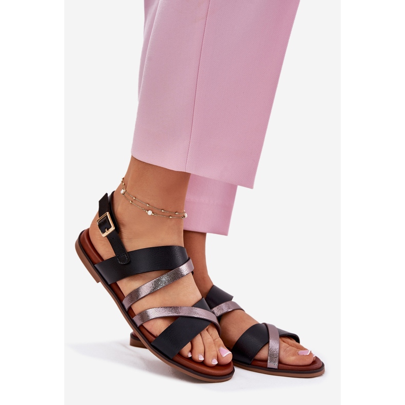 Flat -hankvinnade kvinnasandaler med Sergio Leone SK086H ränder svart 1