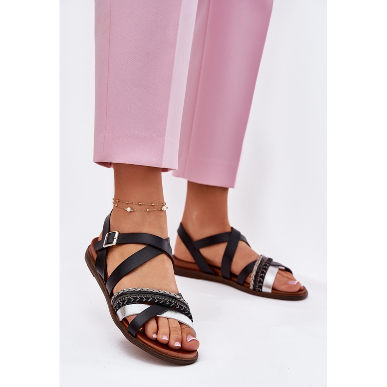 Kvinnors platta sandaler med Sergio Leone SK087H -ränder svart 2