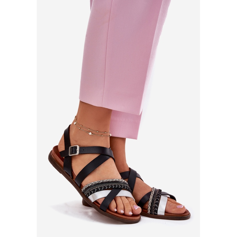 Kvinnors platta sandaler med Sergio Leone SK087H -ränder svart 1