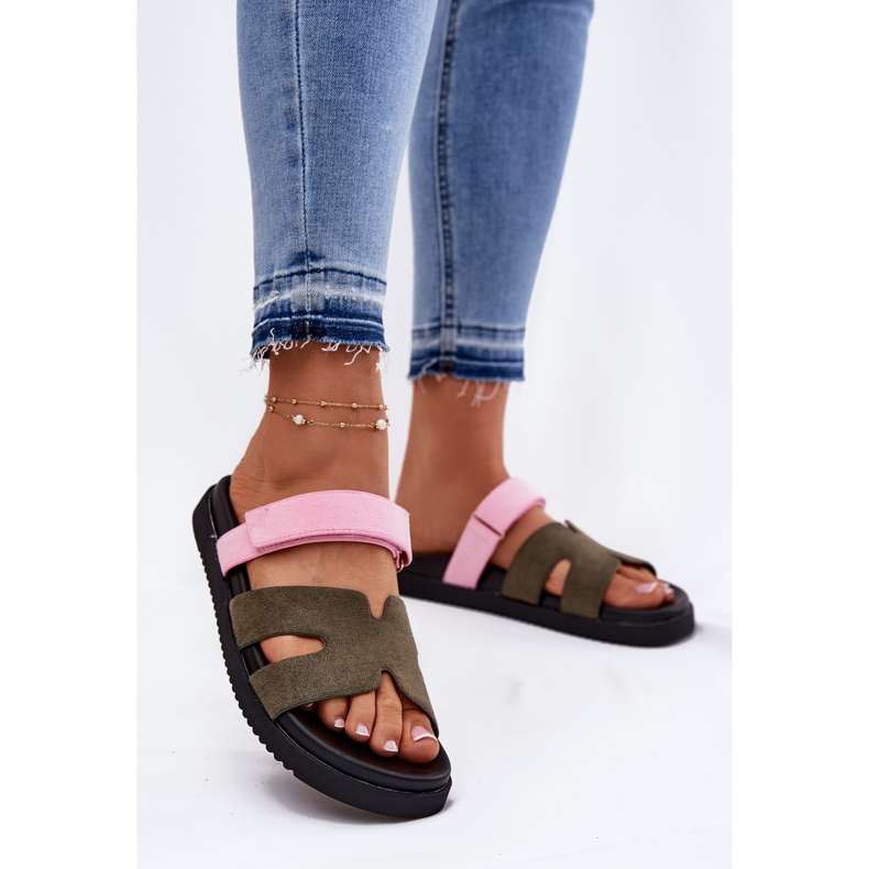 Kvinnors flip flops med Vinceza 17401 Pink-rosa kardborrband grön 2