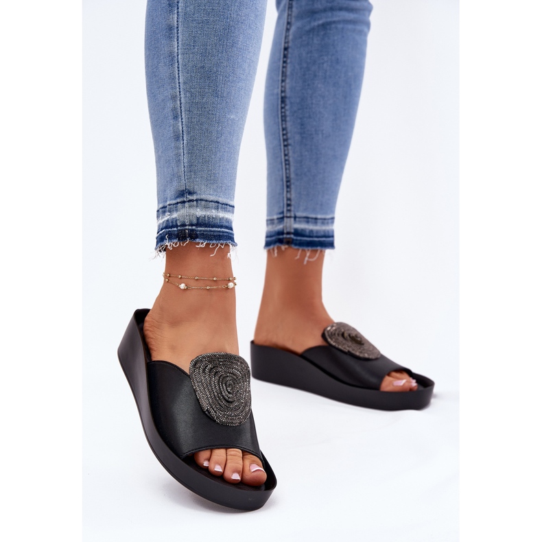 S.Barski Kvinnors läder tofflor med en prydnad KV51-028 svart 2