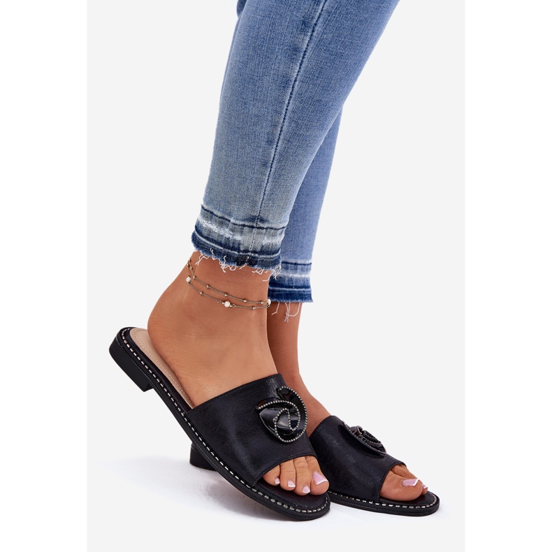 S.Barski Flat-klackade kvinnors flip flops med dekorativ KV51-007 svart detalj svart 1