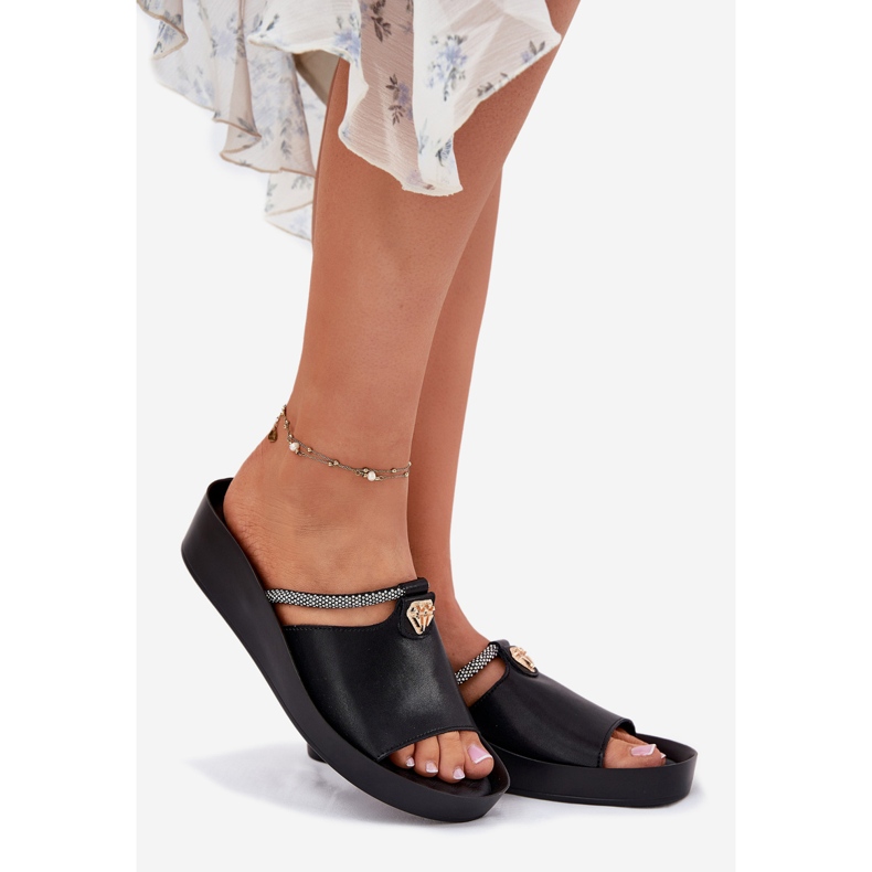 S.Barski Kvinnors läder tofflor med en dekorativ KV51-034 svart rem 1