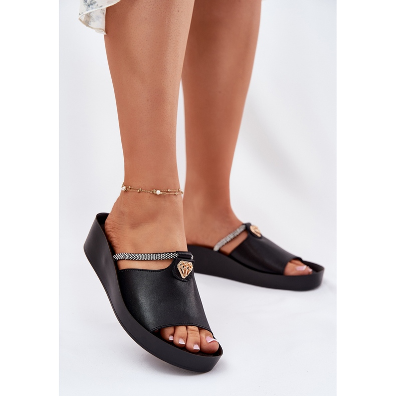 S.Barski Kvinnors läder tofflor med en dekorativ KV51-034 svart rem 2