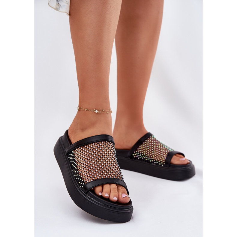 S.Barski Dekorerade kvinnors flip flops på plattformen med Mesh S. Barski My51-016 Black svart 2