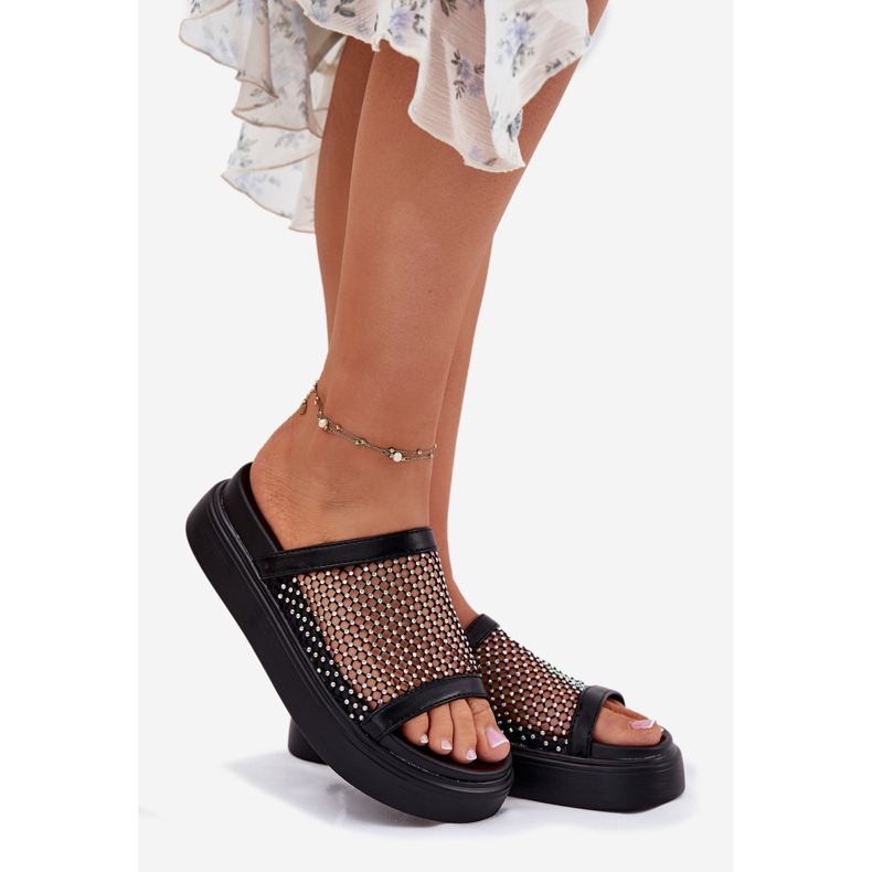 S.Barski Dekorerade kvinnors flip flops på plattformen med Mesh S. Barski My51-016 Black svart 1