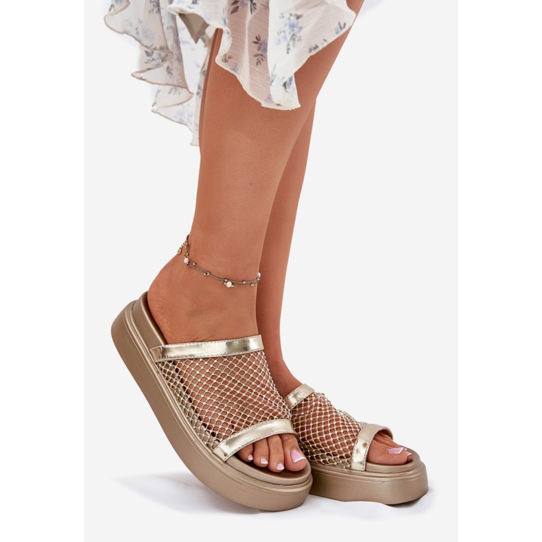 S.Barski Dekorerade kvinnors flip flops på plattformen med Mesh S. Barski My51-016 Złote gyllene 1