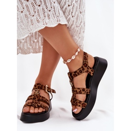 Kvinnors sandaler på plattformen med en gyllene detalj leopard brun 2
