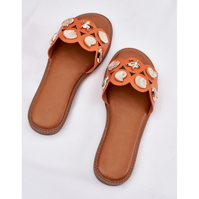 Flat -hanterade kvinnors flip flops med gyllene stift orange 1