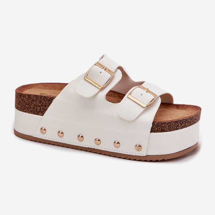 Kvinnors flip flops med spännen på en massiv plattform vit 1