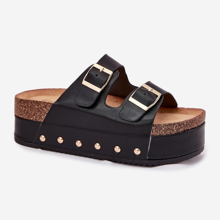 Kvinnors flip flops med spännen på en massiv plattform svart 1