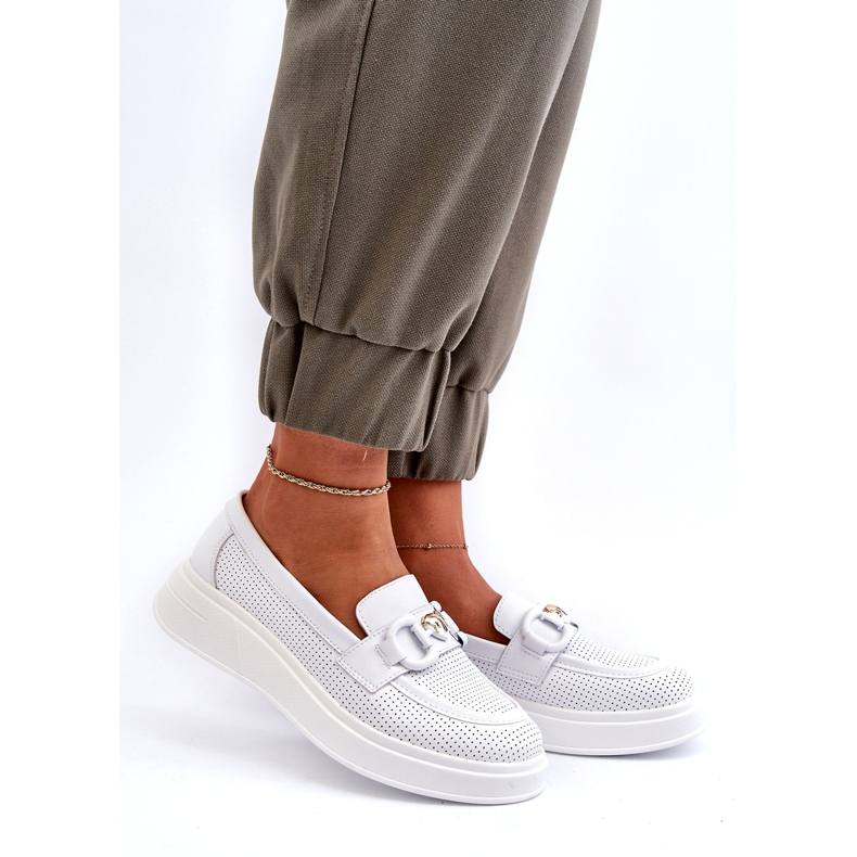 S.Barski Kvinnors läderloafers på Platforma Białe S. Barski LR720 med en prydnad vit 2