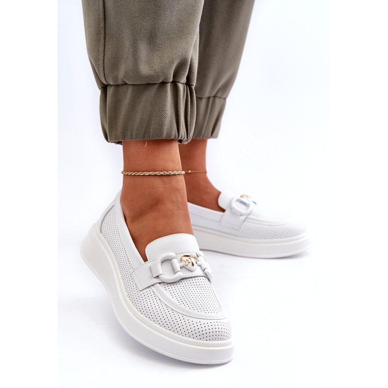 S.Barski Kvinnors läderloafers på Platforma Białe S. Barski LR720 med en prydnad vit 3