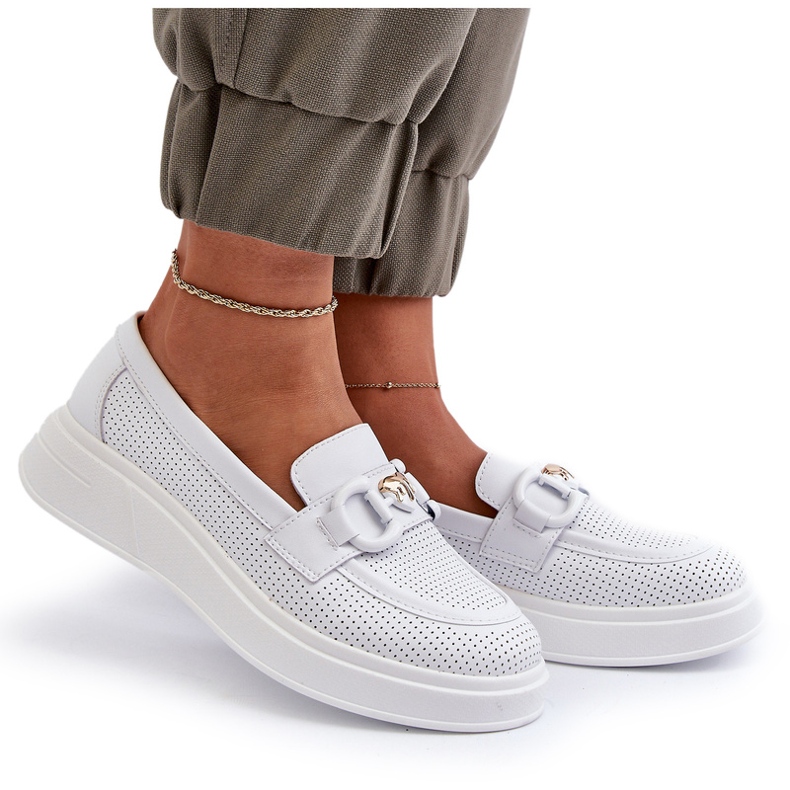 S.Barski Kvinnors läderloafers på Platforma Białe S. Barski LR720 med en prydnad vit 4