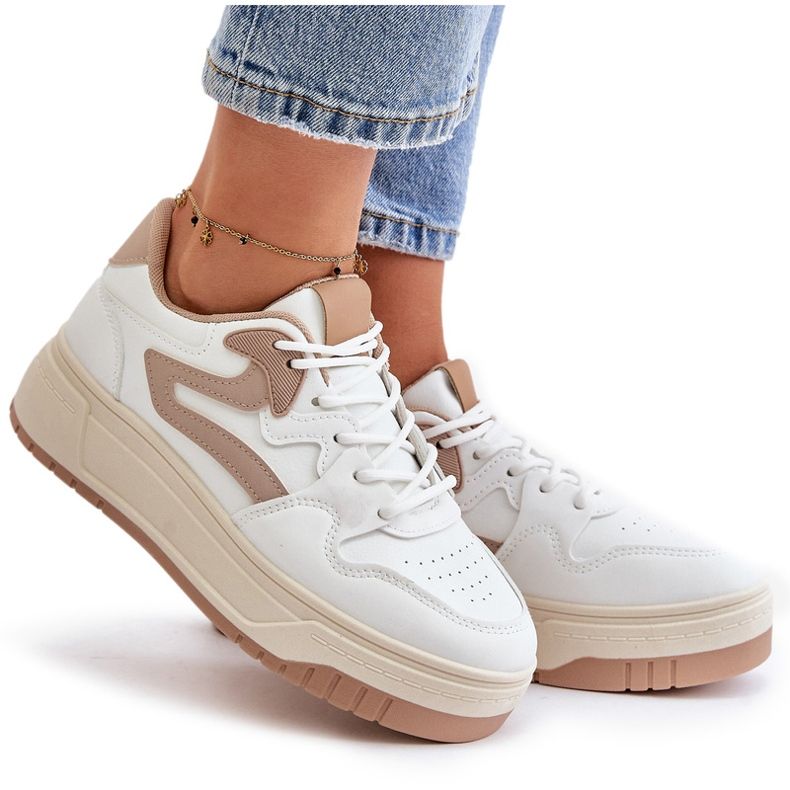 Sneakers i ekologisk läder för kvinnor på den vita och beige plattformen Henizore 5