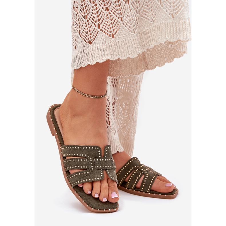 Dekorerad platt -hane flip flops grön 1