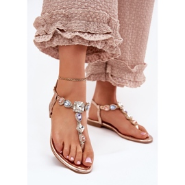 Flat -hanterade kvinnosandaler med kristaller rosa guld gyllene 2