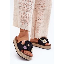 Kvinnors flip flops med blommor plattform med svart fläta 2
