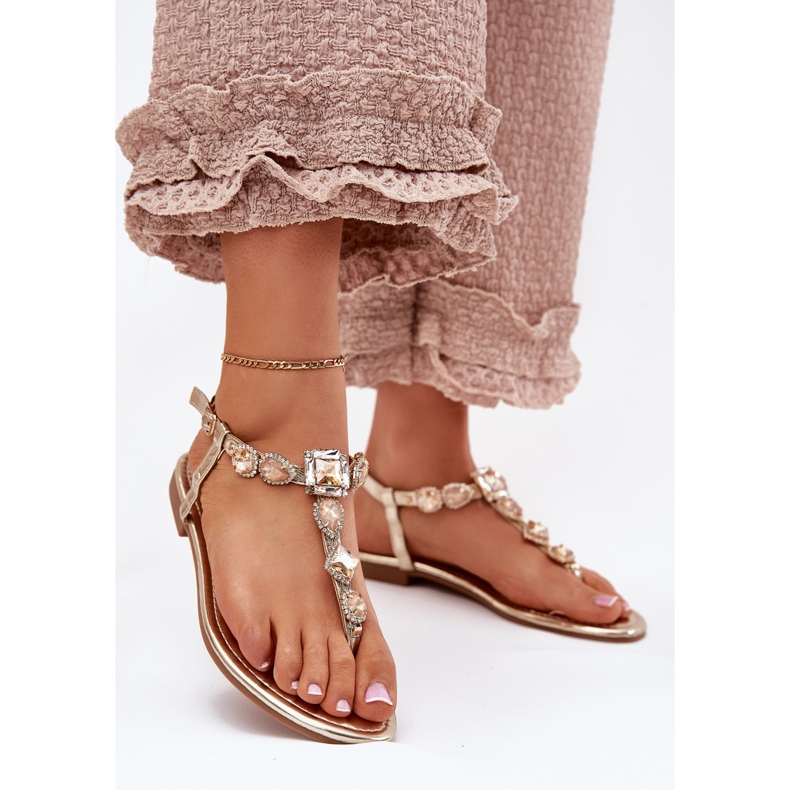 Flat -hankvinnasandaler med guldkristaller gyllene 2