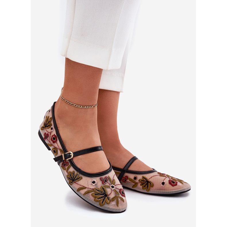 Ballerinas med broderi och bälte svart 1