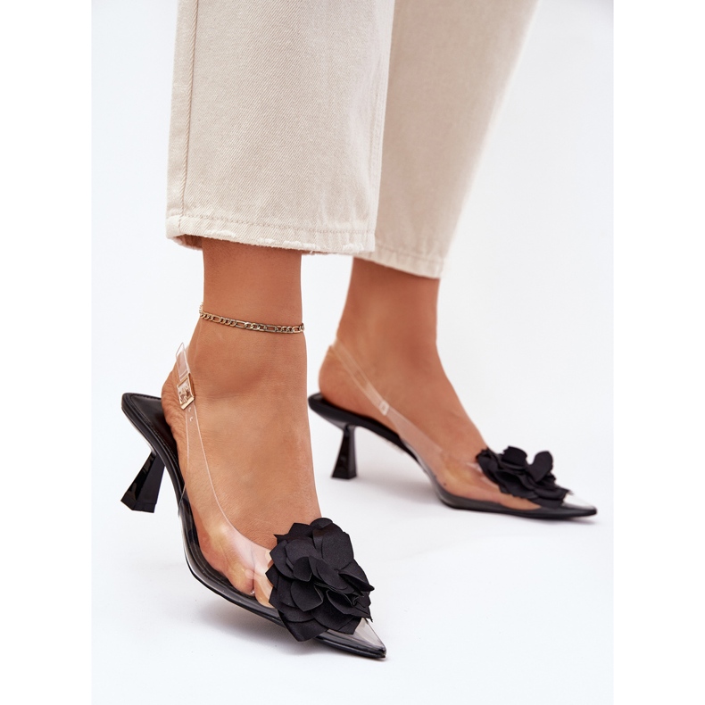 Transparenta sandaler på en hög häl med en dekorativ blomma svart 2