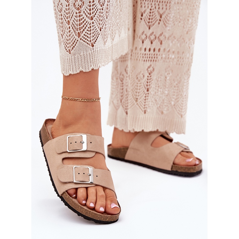 Kvinnors flip flops på korkplattformen beige spännen 2