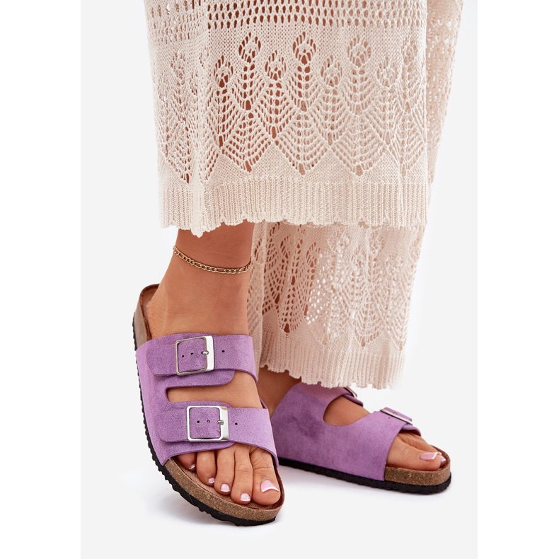 Kvinnors flip flops på korkplattformen lila spännen purpur 1