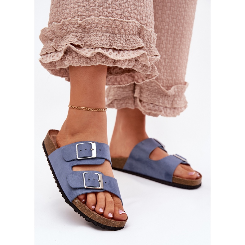 Kvinnors flip flops på korkplattformen blå spännen 2