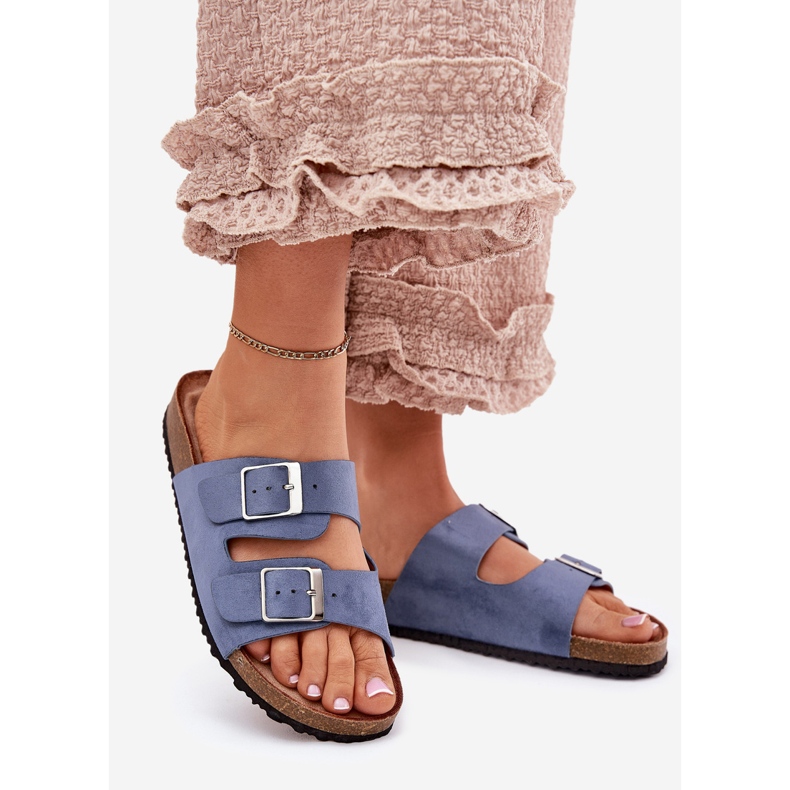 Kvinnors flip flops på korkplattformen blå spännen 1